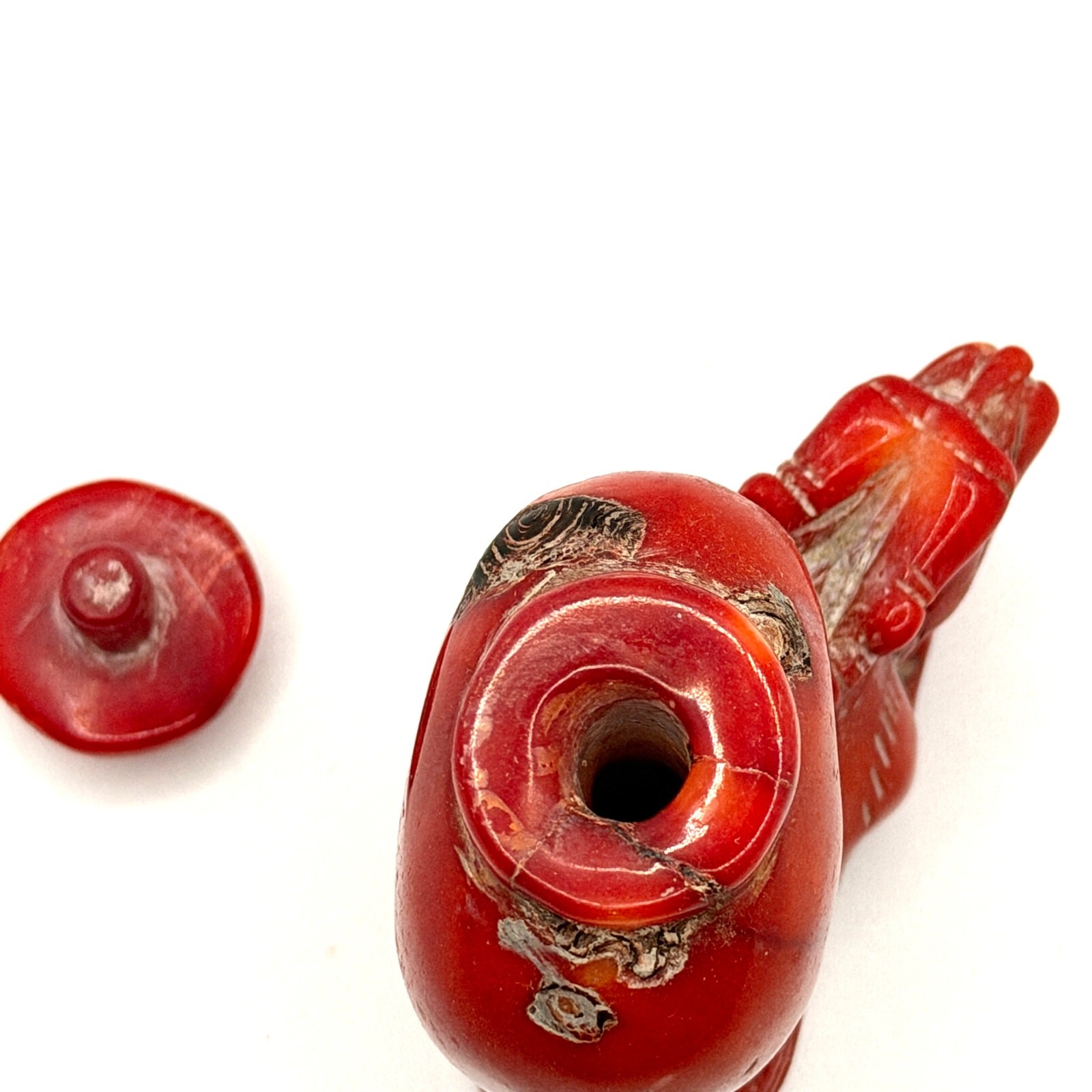 Vintage 60s Carved Natural Coral Dragon Chinoiserie Snuff Bottle