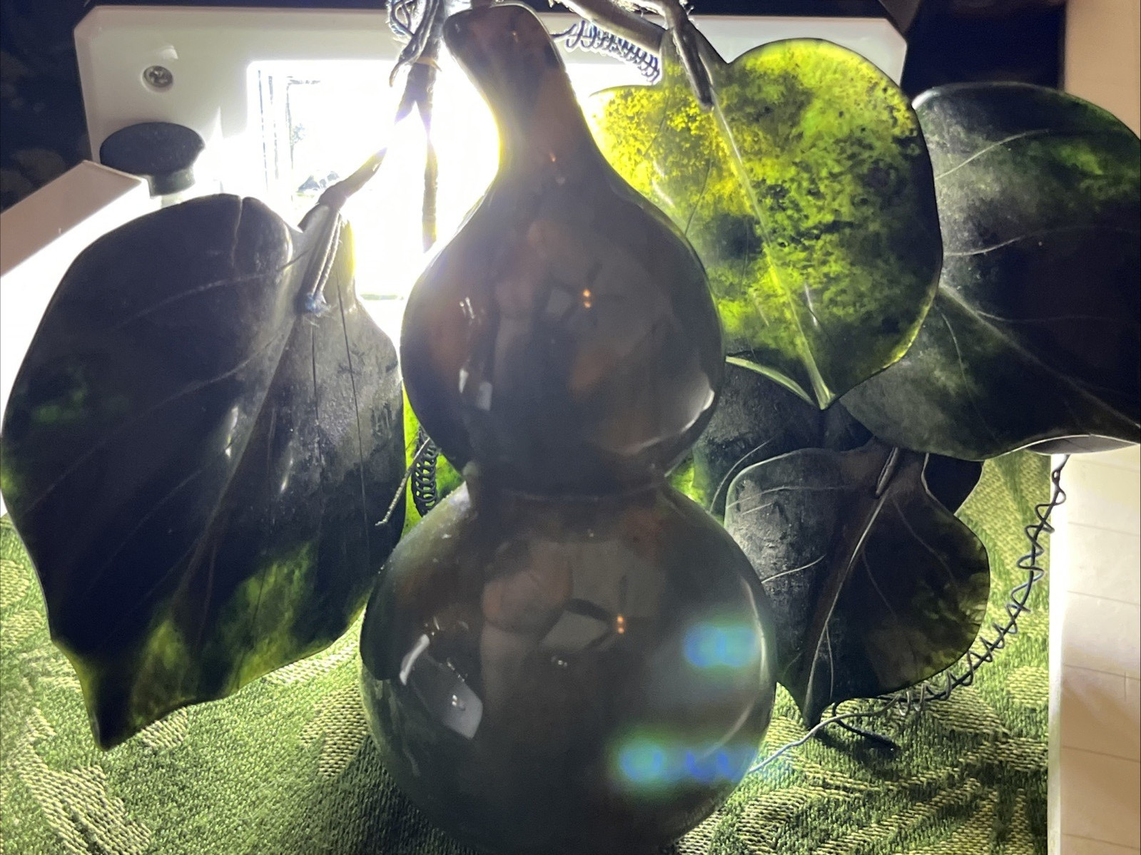 Hand-carved Jade Double Gourd Hulu Wu Lou Dark Green Leaf Good Fortune long life