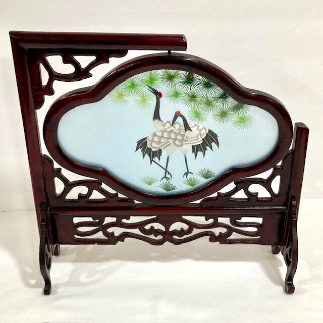 Chinese Oriental Asian 2 Sided Embroidered Cranes Screen Wooden Stand Holder