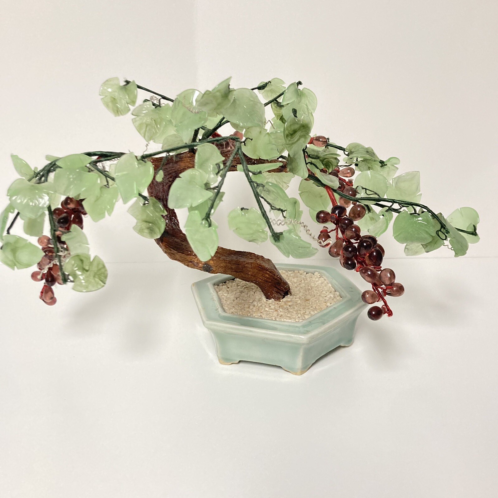 Vintage Oriental Glass Bonsai Grapes Tree in Celadon Pot 15″ x 12″ x 9″