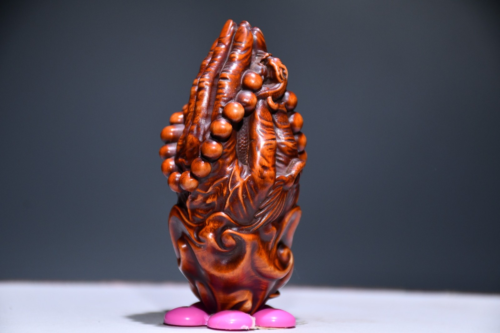 3.1″ Collect China Box-wood Carving Buddha’s-hand Prayer Beads Wish Statue