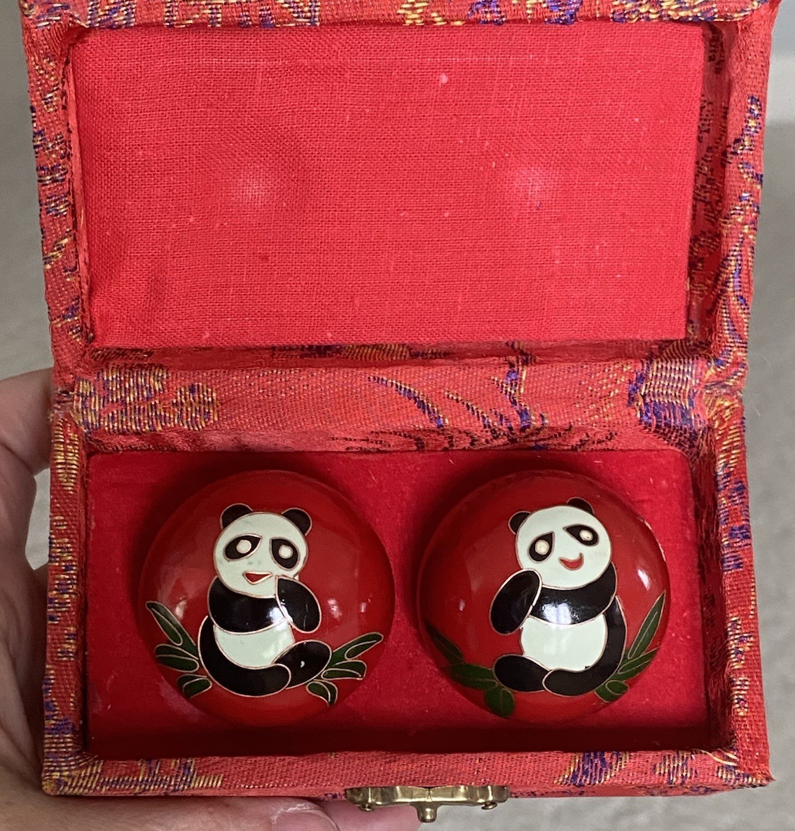 Vintage Chinese Musical Baoding Balls 2 Pc Panda Meditation Set w/ Orig. Red Box