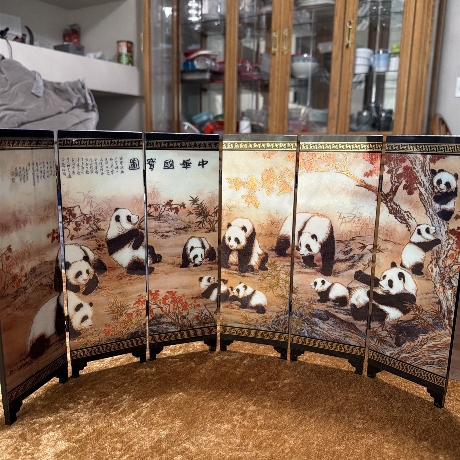 An Imitation Of An Ancient Small Screen 6 Folding Lacquered Panels Giant Pandas
