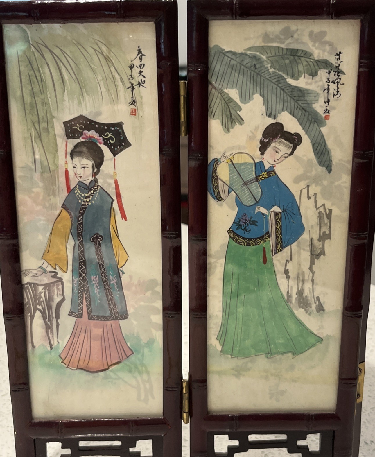 Chinese Table Top 4 Panel Folding Screen Decor Mini screens- Women /Flowers