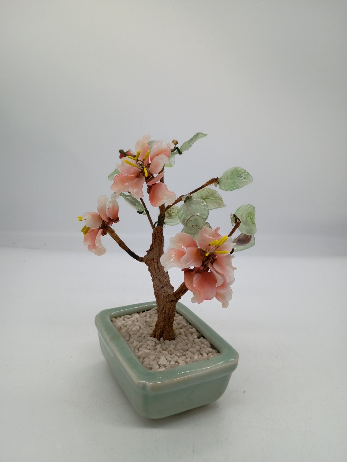 Chinoiserie Green Jade & Pink Rose Quartz Faux Bonsai Tree in Celedon Planter 7″