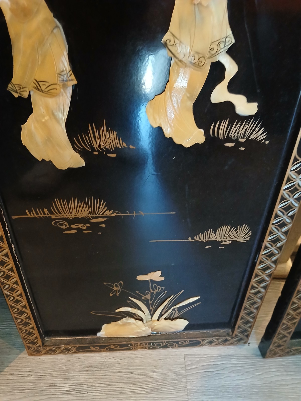 4 Vintage Asian Japanese Mother Pearl Black Lacquer Wall Panels 36″ x 12″