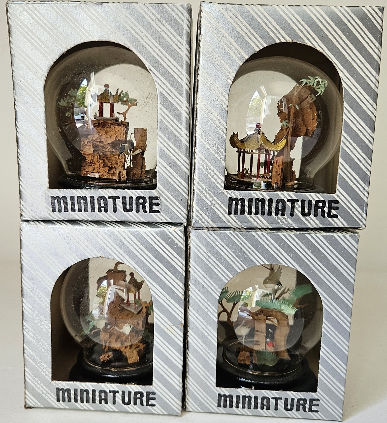 Chinese Cork Sculpture, Wooden Base and in Glass Dome, 4 pcs set, 3 x 2.5 inches