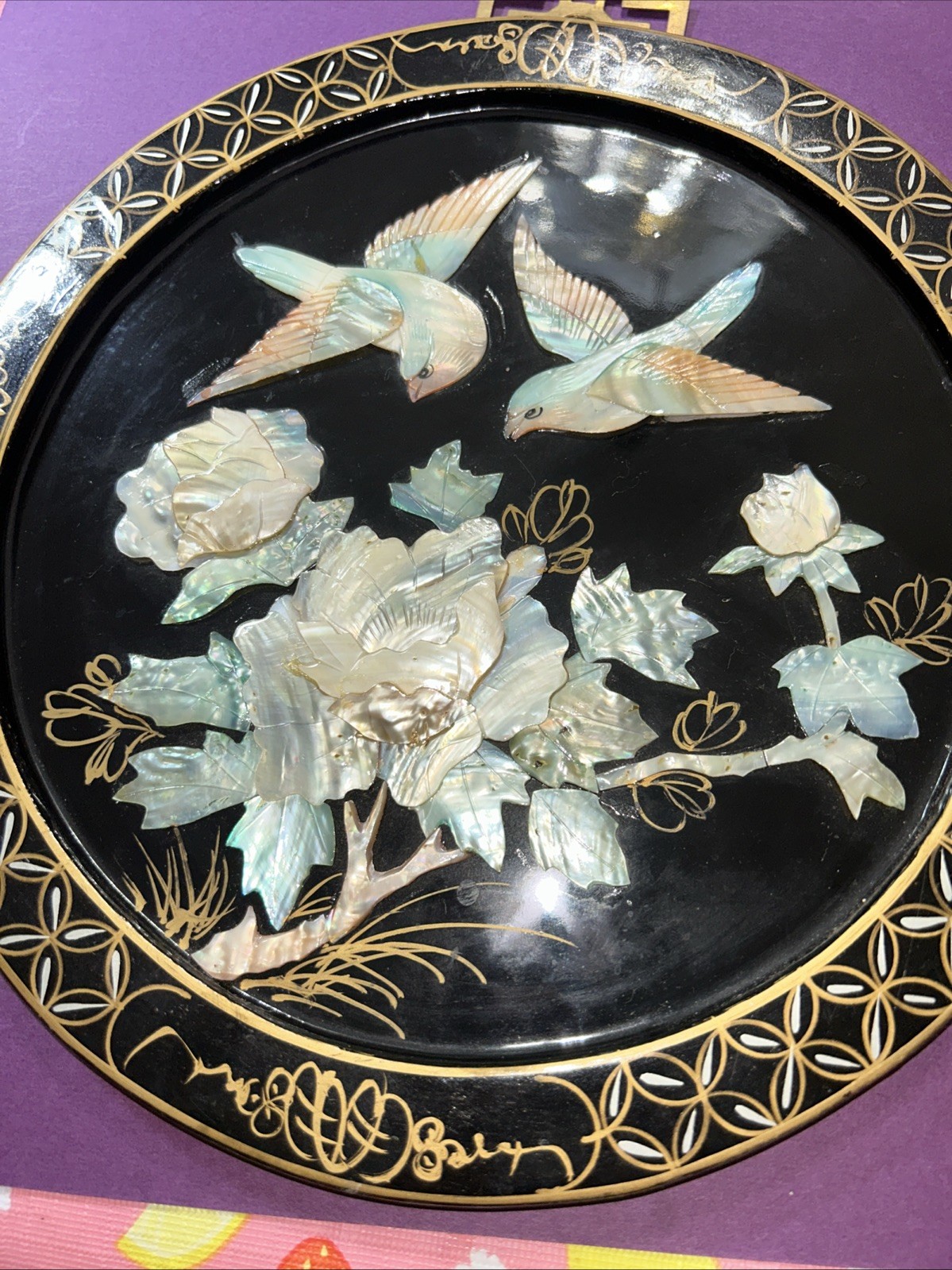Vintage Chinese Lacquered Decorative On Wood Mother Of Pearl 10” Set Of 4 Used