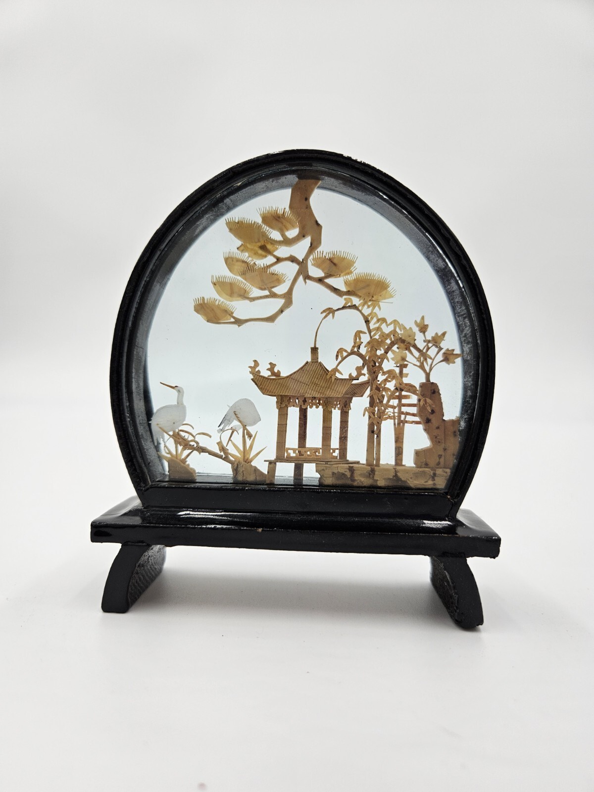 Cork Carving In Glass Diorama Imperial Tombs Of China 4.5″ x 3.75″ Birds Pagoda