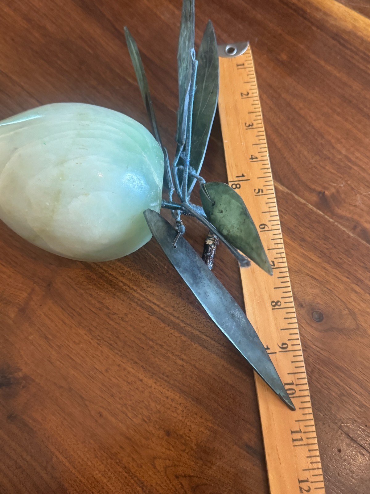 Vtg 5″ Asian Carved Green Jade Peach/Plum with Leaves Hard Stone READ