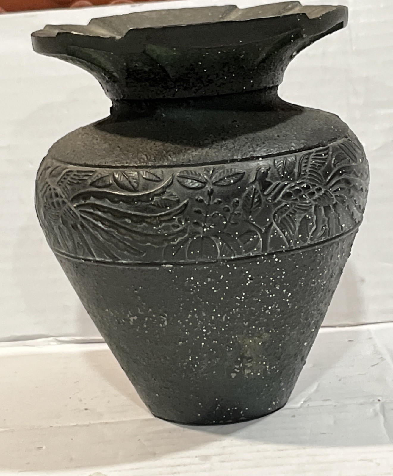 Chinese Stone Cast Vase Metal Decorated Design Iron? Asian Flowers Motif