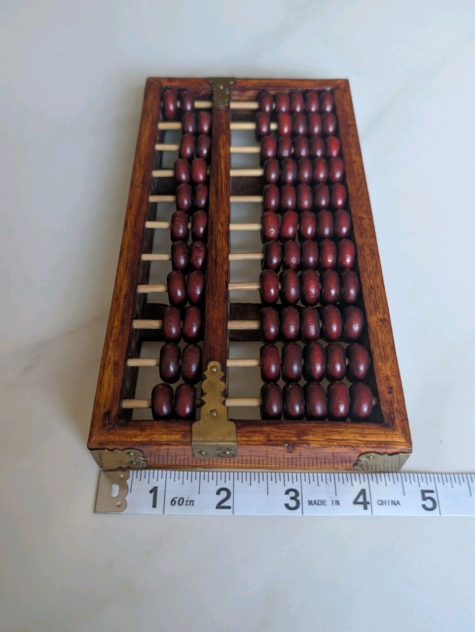 Vintage Chinese Red Lion Abacus Wuhan China Wood Brass Accent 77 Beads 8.5″x4.5″