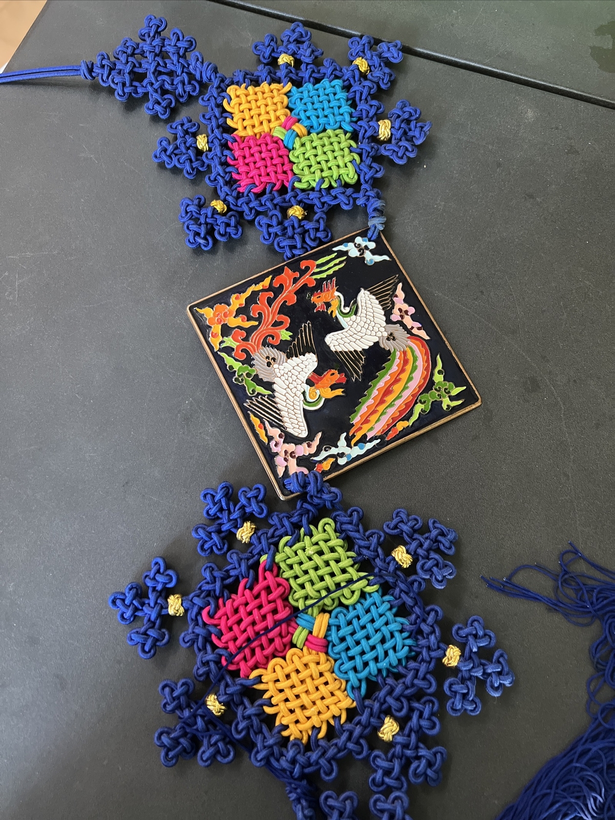 Vintage Chinese Long Enamel Cloisonne Multi Colored Knotted Tassel Wall Hanging