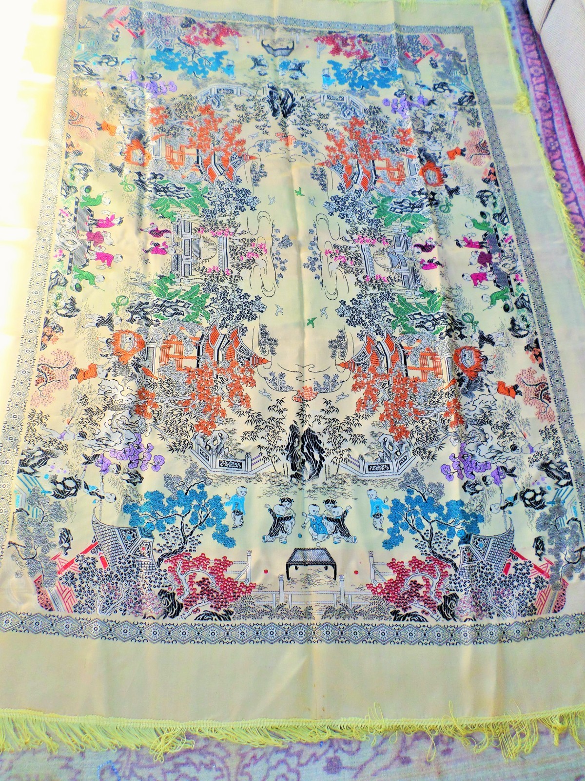 VTG CHINESE SILK BROCADE TABLECLOTH PIANO SCARF ASIAN VILLAGE CELEBRATION 74X56