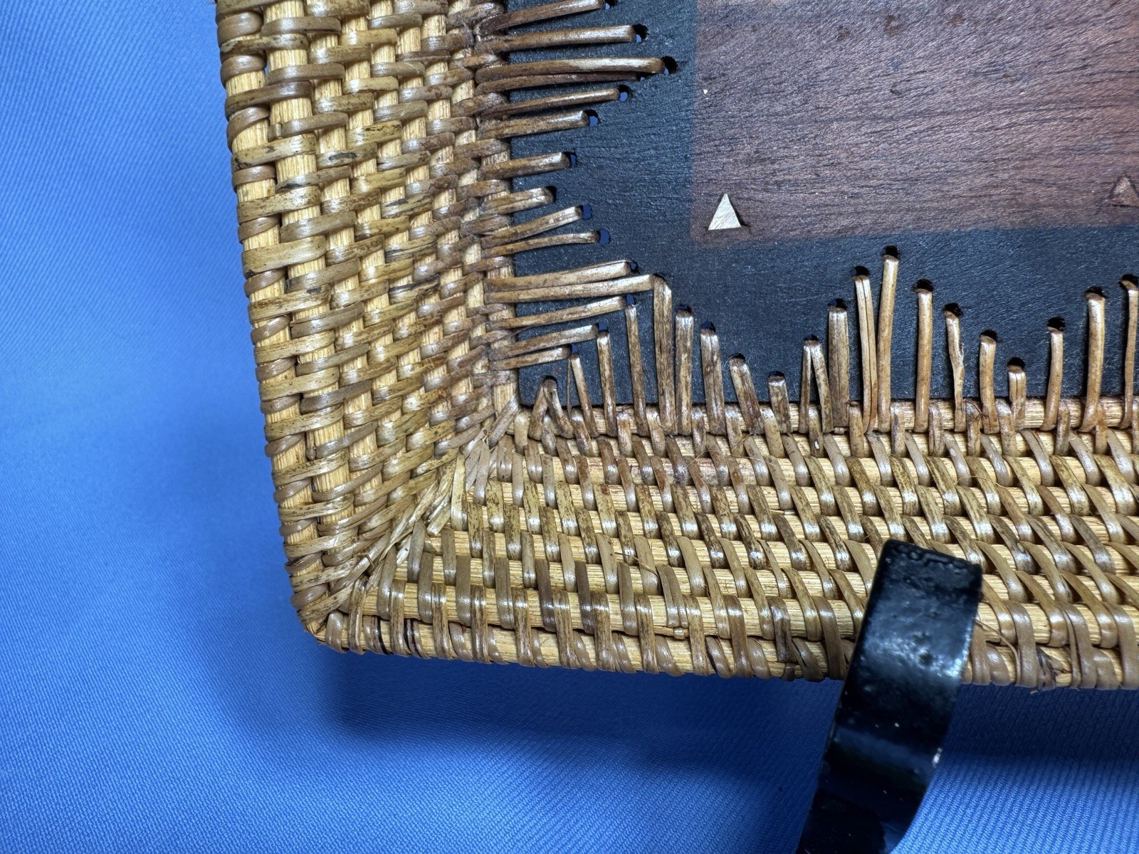Vintage Chinese Wood Tray With Embedded Coin, Woven Sides Inlaid Wood 10x6x1