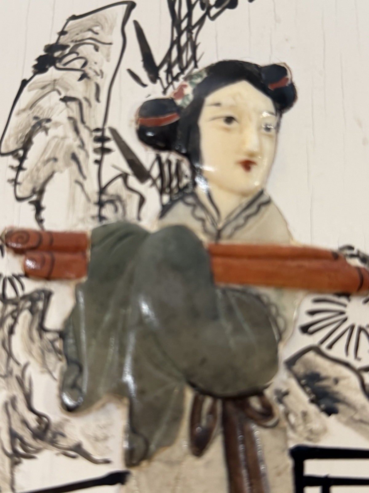 VTG Chinese Black Lacquer Wall Panels Pair Mother Pearl Inlay Geisha Art 19.5×9