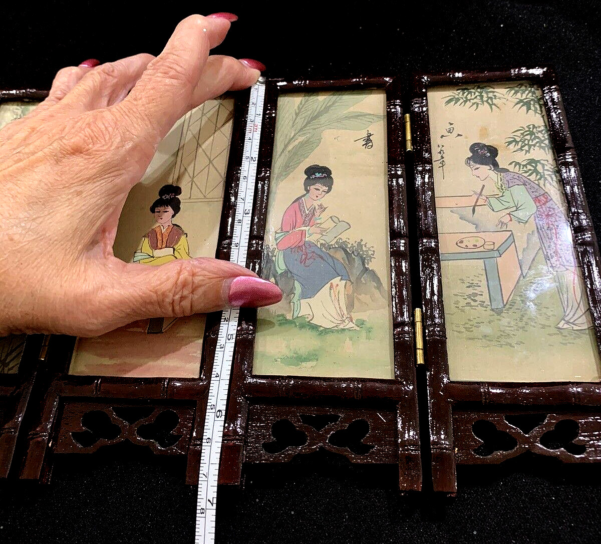 Vintage Chinese Mini Folding Table Top Silk Screen in Original Box 6 3/4″ Tall