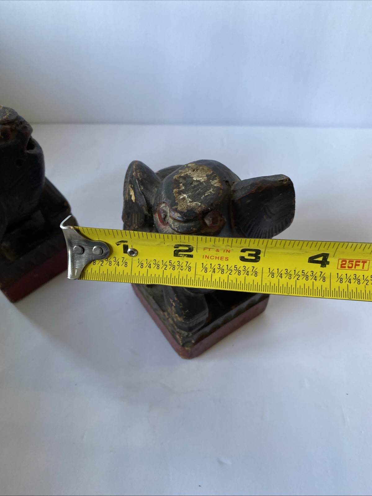 Pair Antique Chinese Hand Carved Wood Foo Dog Creature Statue Rattle