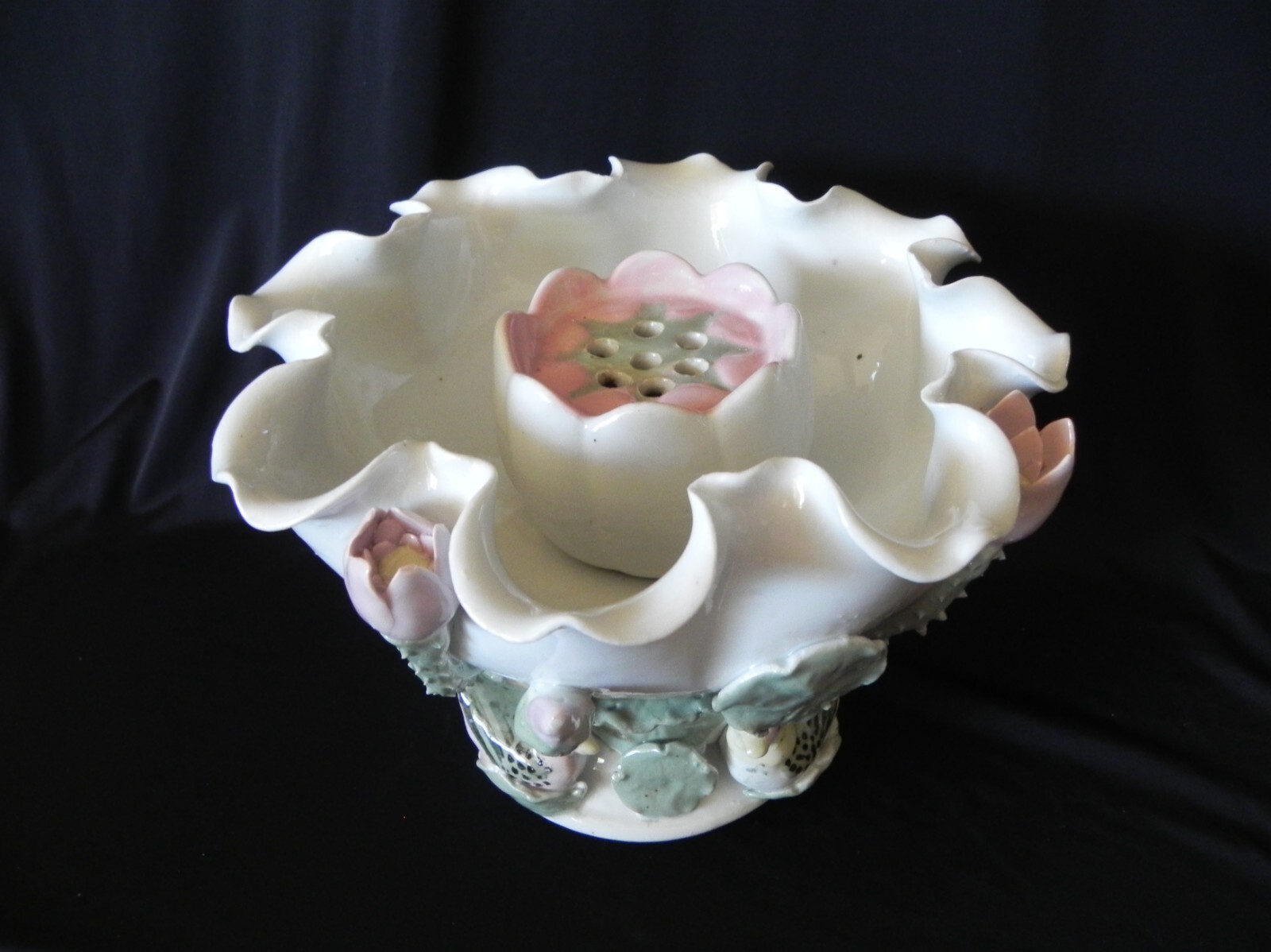 Blanc de Chine White Lotus Lily Pad Ducks FLOWER FROG Porcelain Pedestal Bowl