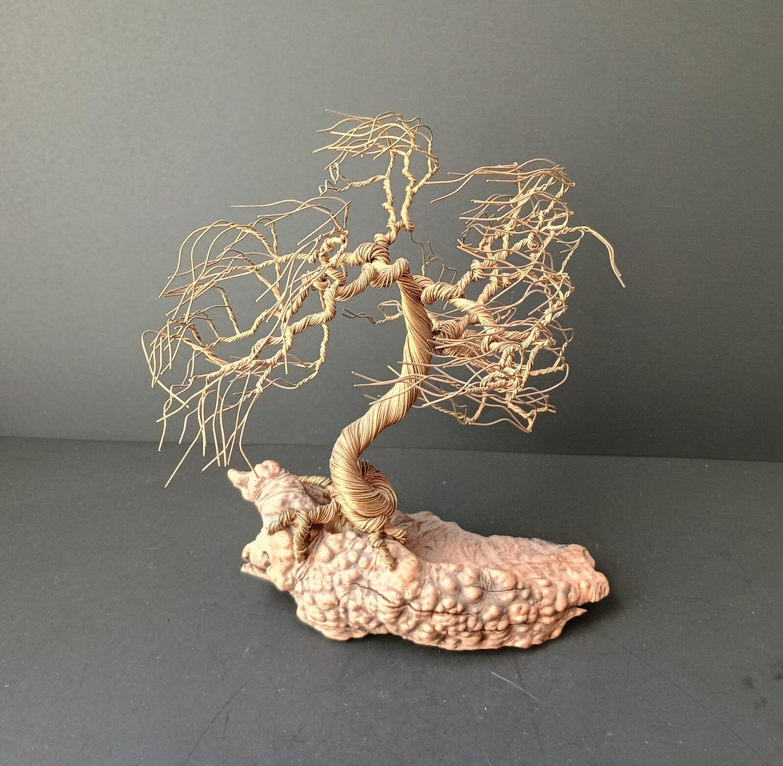 VTG Chinese Bonsai Tree Figurine, Brass on Wood, Unmarked, 8 1/2” L x 8” T