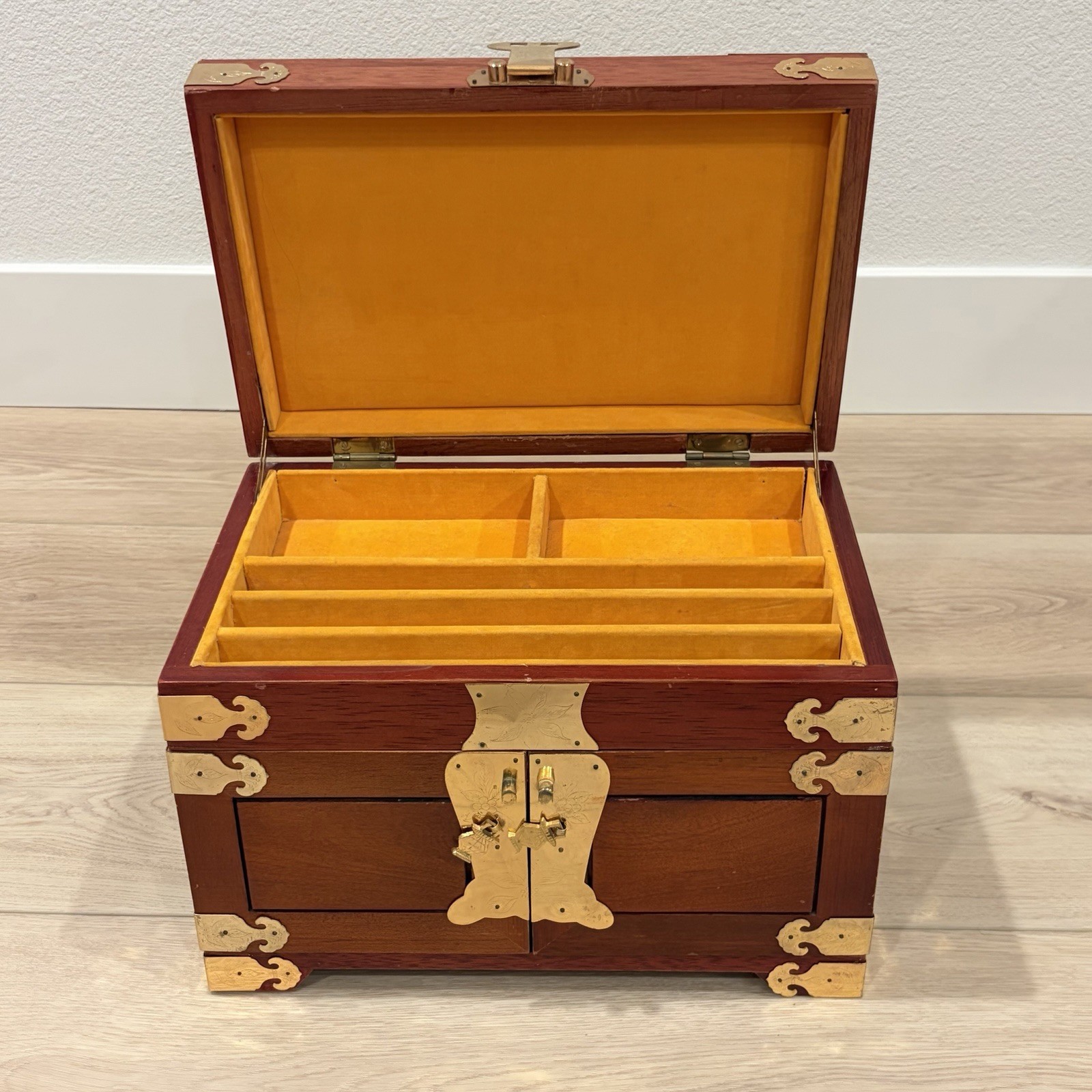 Large Chinese Rosewood & Brass 3 Drawer Flip Top Jewelry Box Longevity Symbol