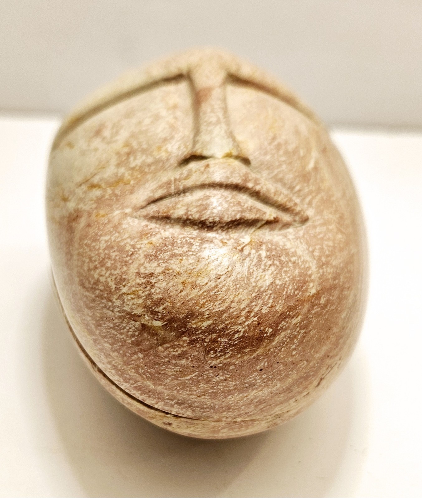 Vintage Carved Soapstone Lidded Face Trinket Box 5″ Pinks