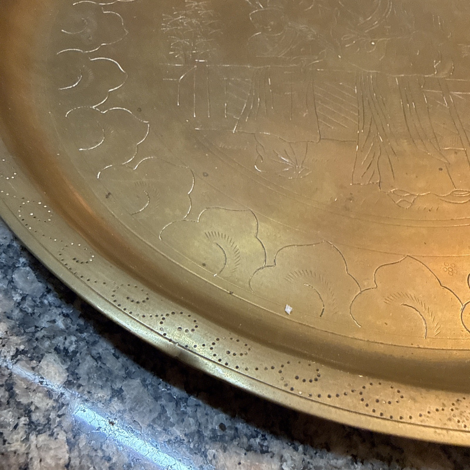 Vintage Chinese Brass Etched Tray Old Man & Boy 12”