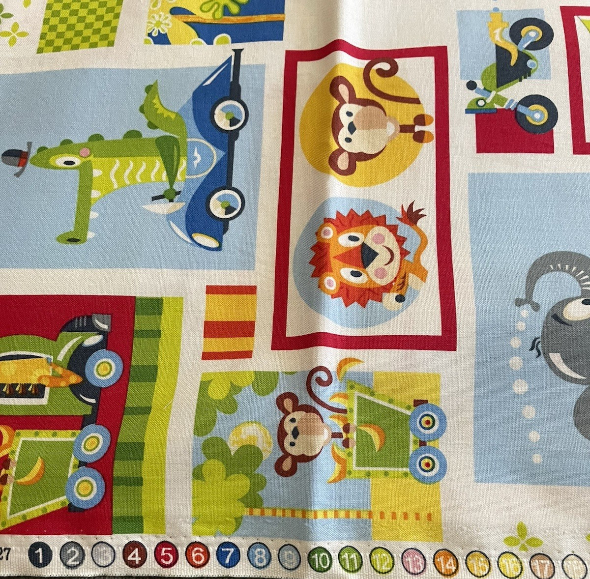 Cotton Animals and Cars Kids Fabric Print 23 Inch Piece and 23 6.5 x 6.5 Squares