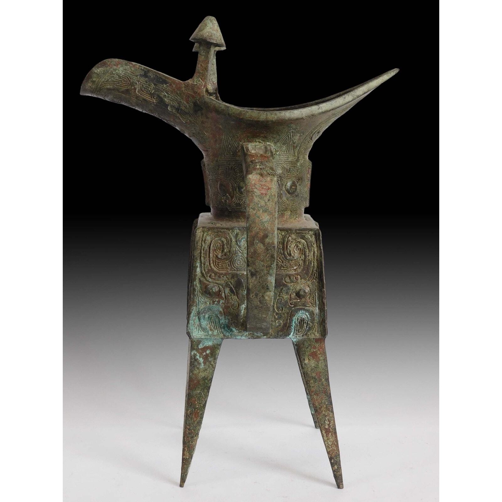 Vintage Chinese Shang Dynasty Style Museum Libation Bronze Jue Vessel 12”H 饕餮銅方爵