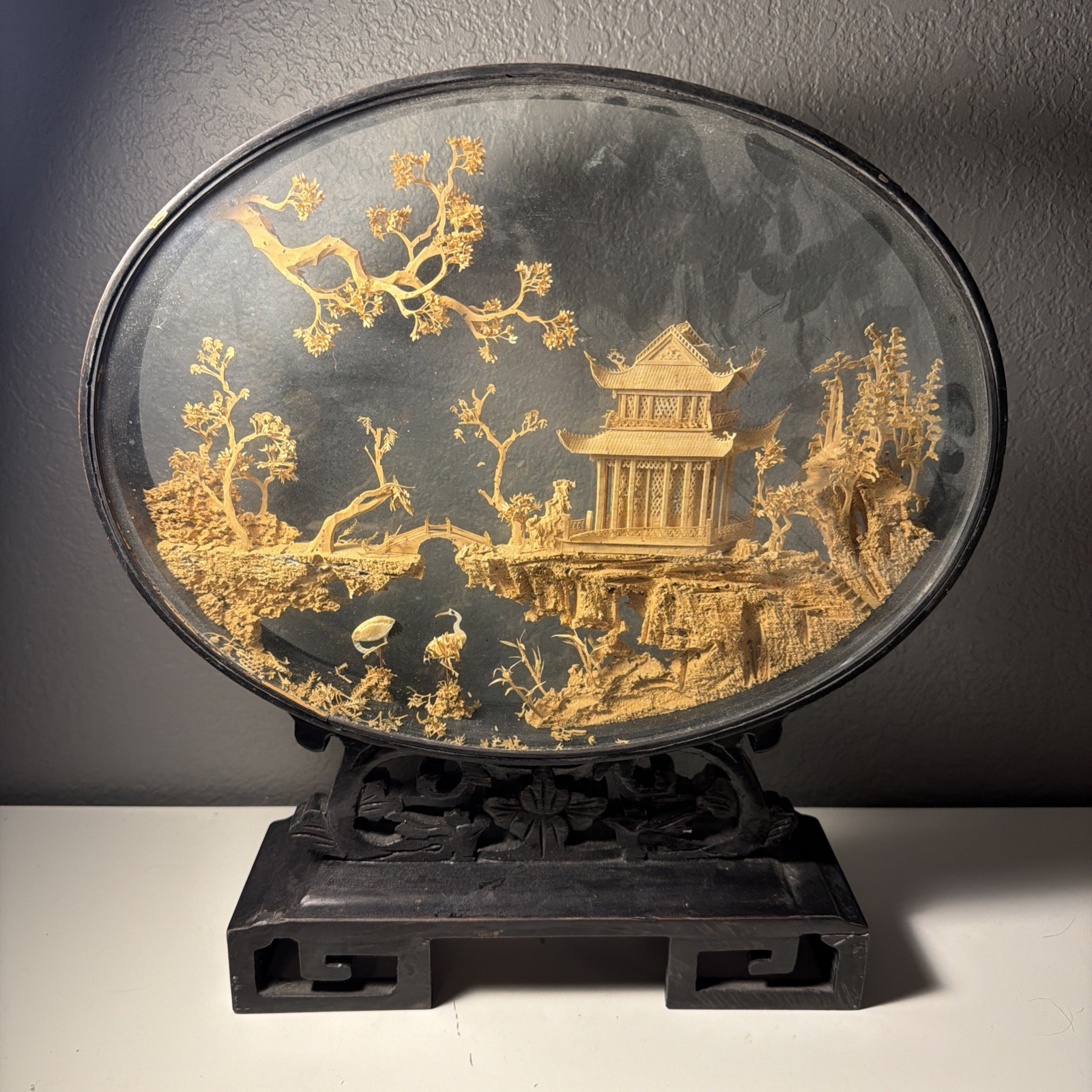 VTG Chinese Hand Carved Cork Diorama Shadow Box Asian Art Pagoda Cranes Trees