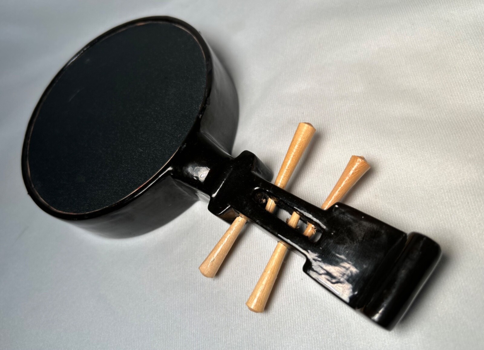 Chinese Black Lacquer Ruin-Shaped Shadow Box 8 Miniature Instruments 8.25″ READ