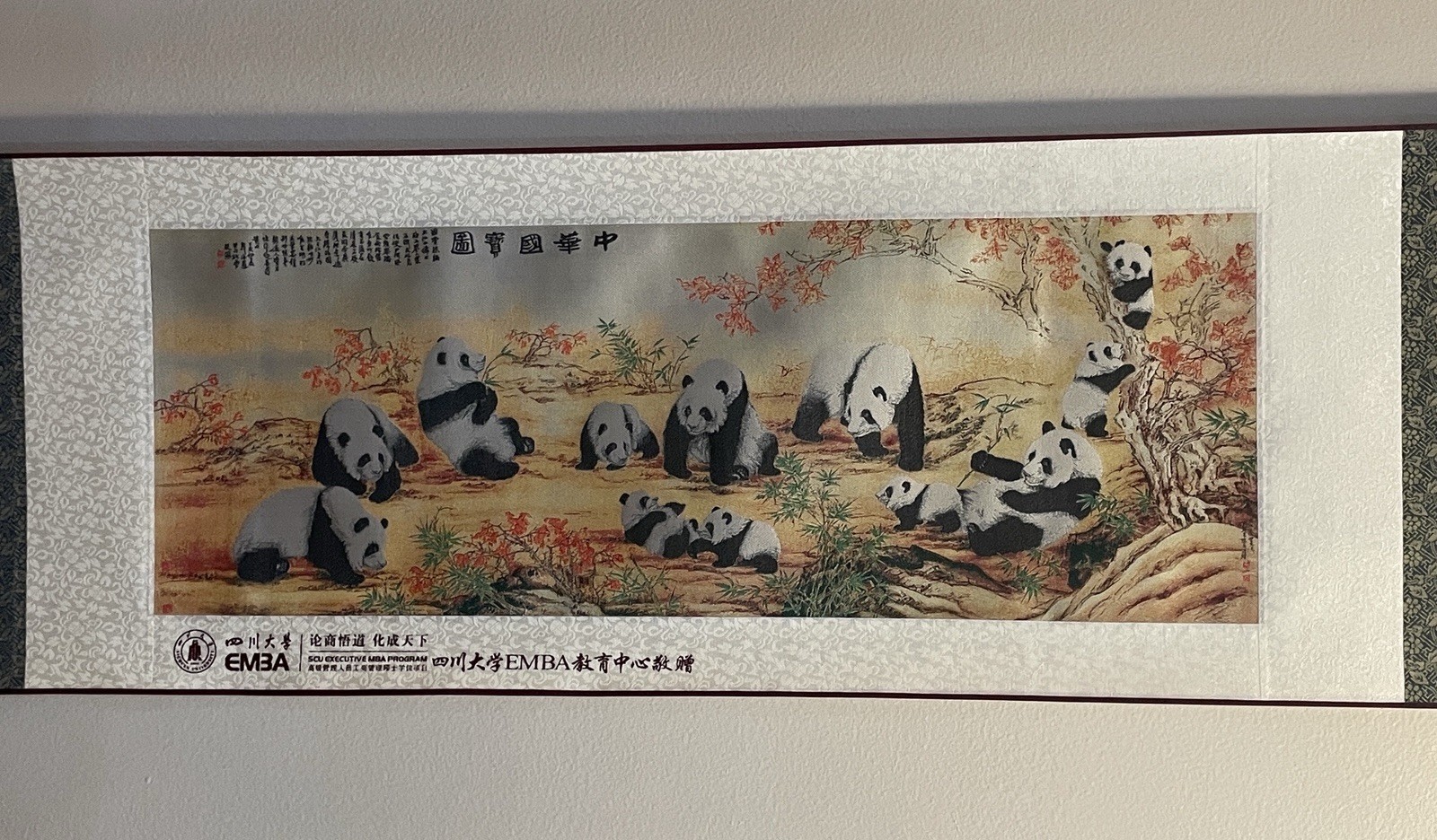 Chinese Shu Brocade Silk Scroll Pandas Wall Hanging Art Textile Presentation Box