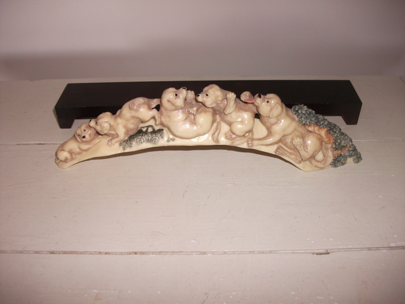 DOGS on Bridge / Arch on Wood Stand Base – Asian ? – Resin? Carved ? 10″ Long