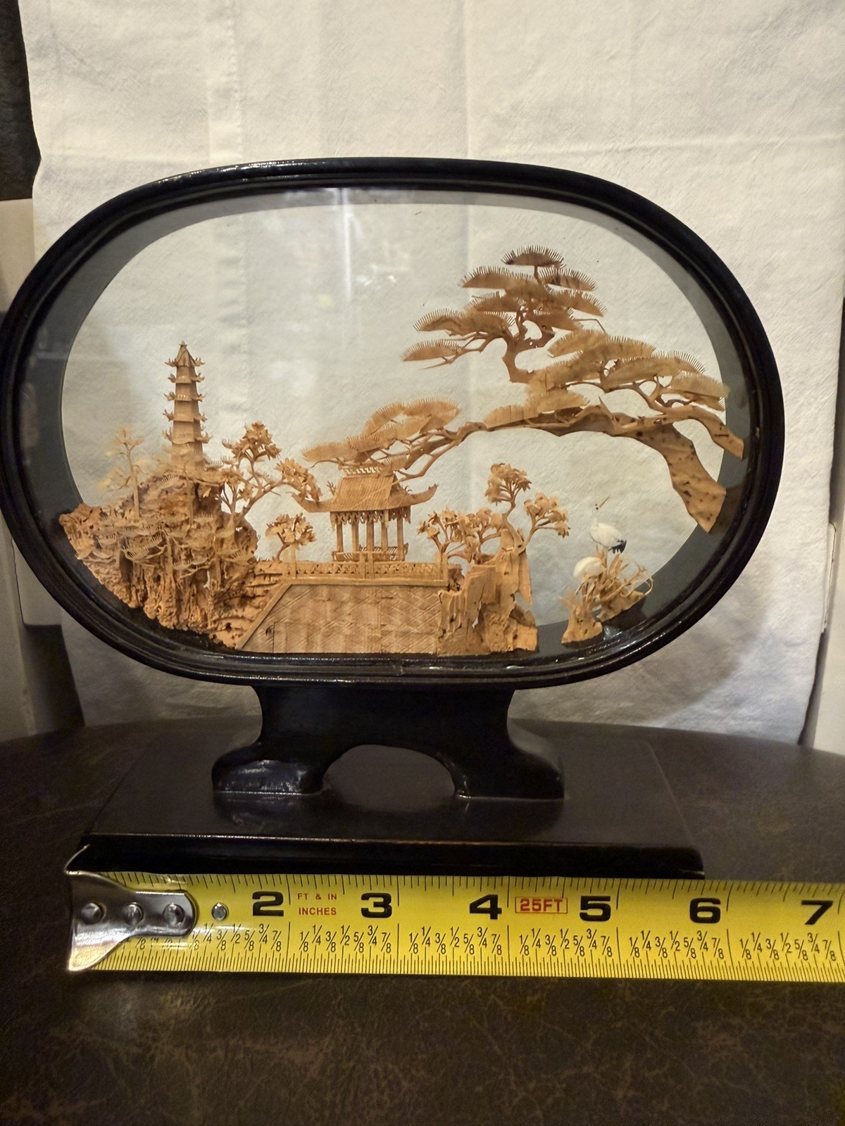 MCM Vtg. Carved Cork Chinese Art Diorama w/Cranes Pagoda and Trees Black Lacquer