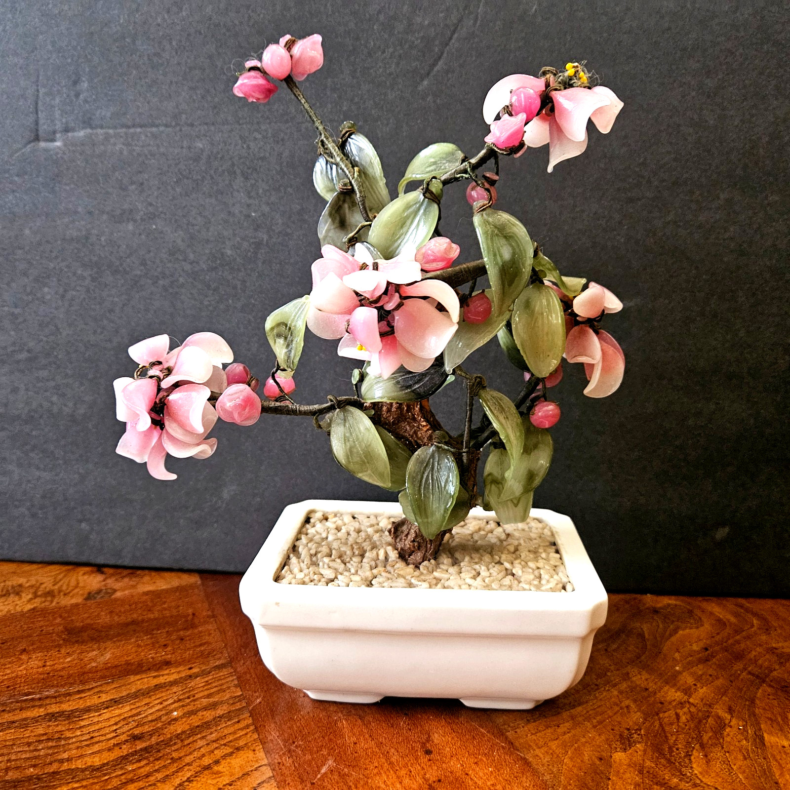 Vintage 9″ Tall Carved Jade & Cherry Blossom Flowered Bonsai Tree/3.5″x 4.5″ Pot