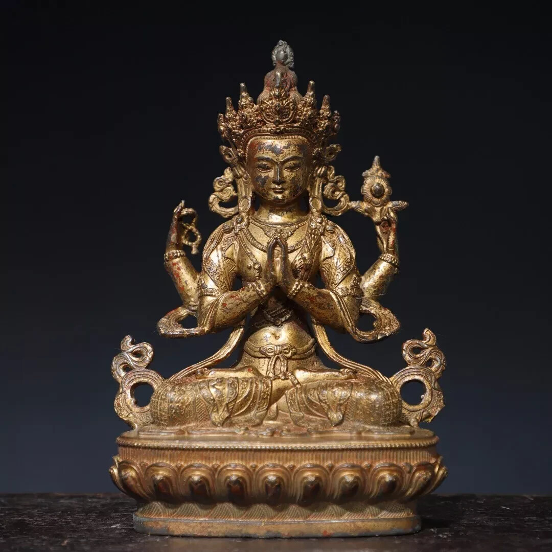 Fengshui old chinese copper Bronze mud gold [Four armed Guanyin] Buddha statue