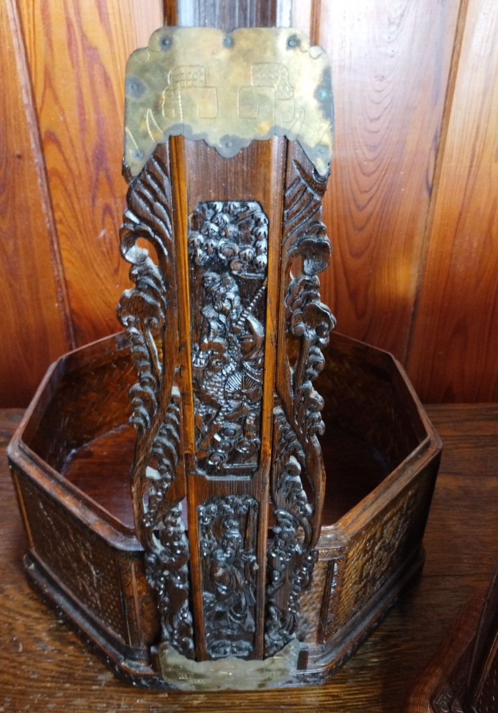 Wedding Basket Betrothal Wicker Chinese Lacquer Wood 3 Tier Octagon 20″ Tall