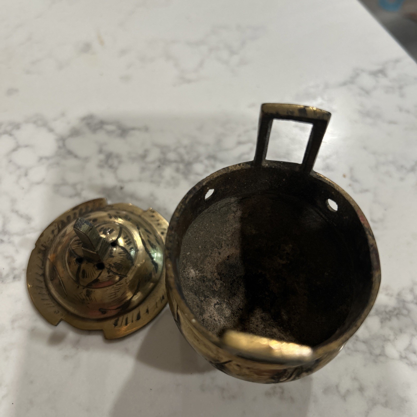 Old Vintage Marked 3″ Chinese Brass Footed Incense Burner Tri Footed Marked