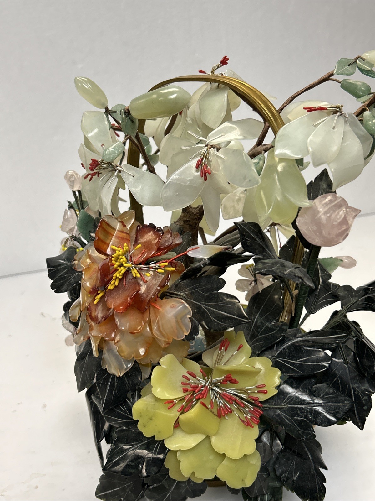 MID CENTURY CARVED JADE AGATE BONSAI FLOWER TREE Very Beautiful