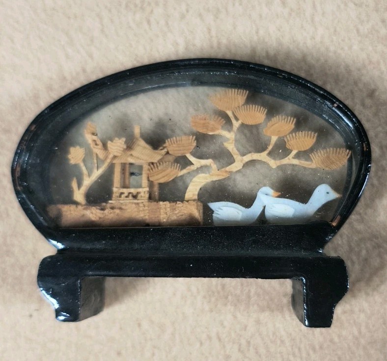 5 Vintage Chinese Oriental Asian CORK Carving DIORAMA Art 3D Cranes Shadow Box