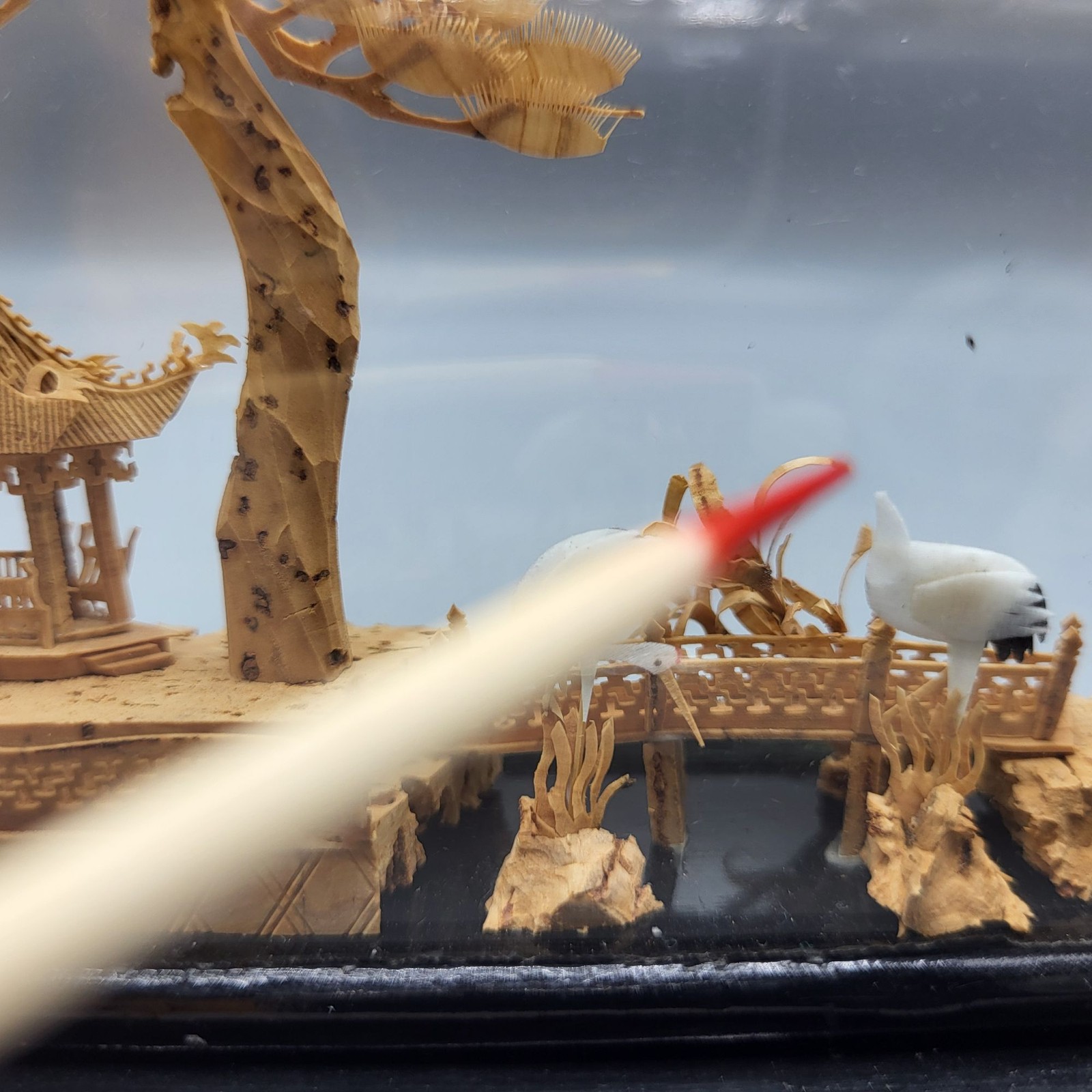 Vtg Chinese Hand Carved Cork Diorama Cranes Black Lacquer Art Stand 5″ x 7.75″