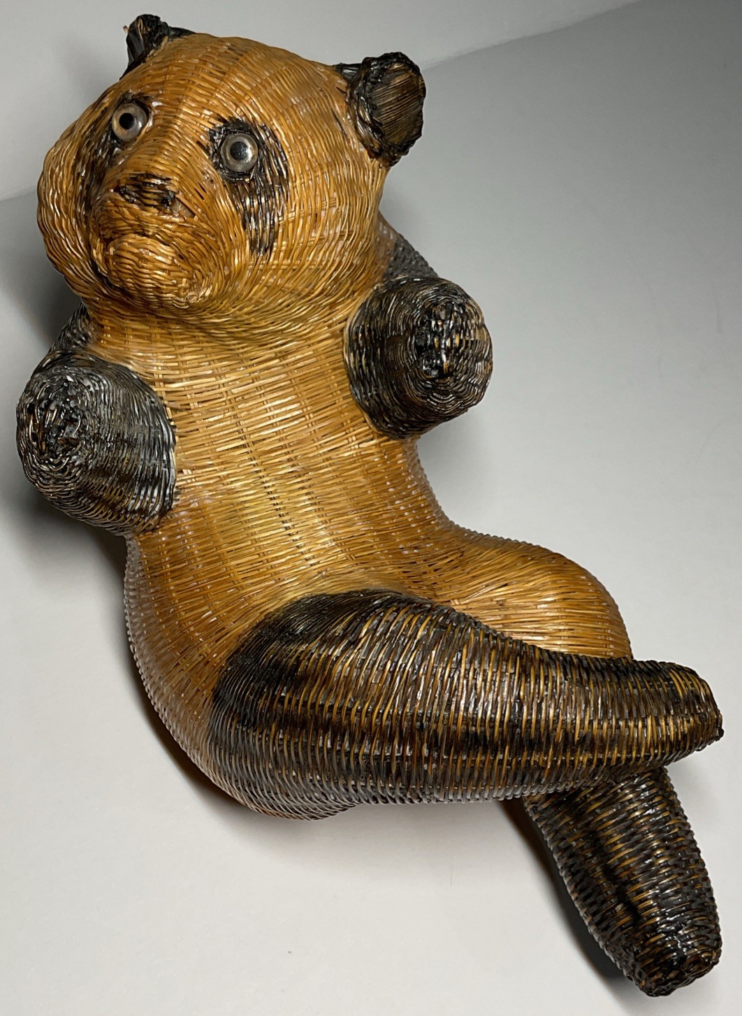 Handcrafted Wicker Panda Laying On Back Holding Ball Shanghai Handicrafts
