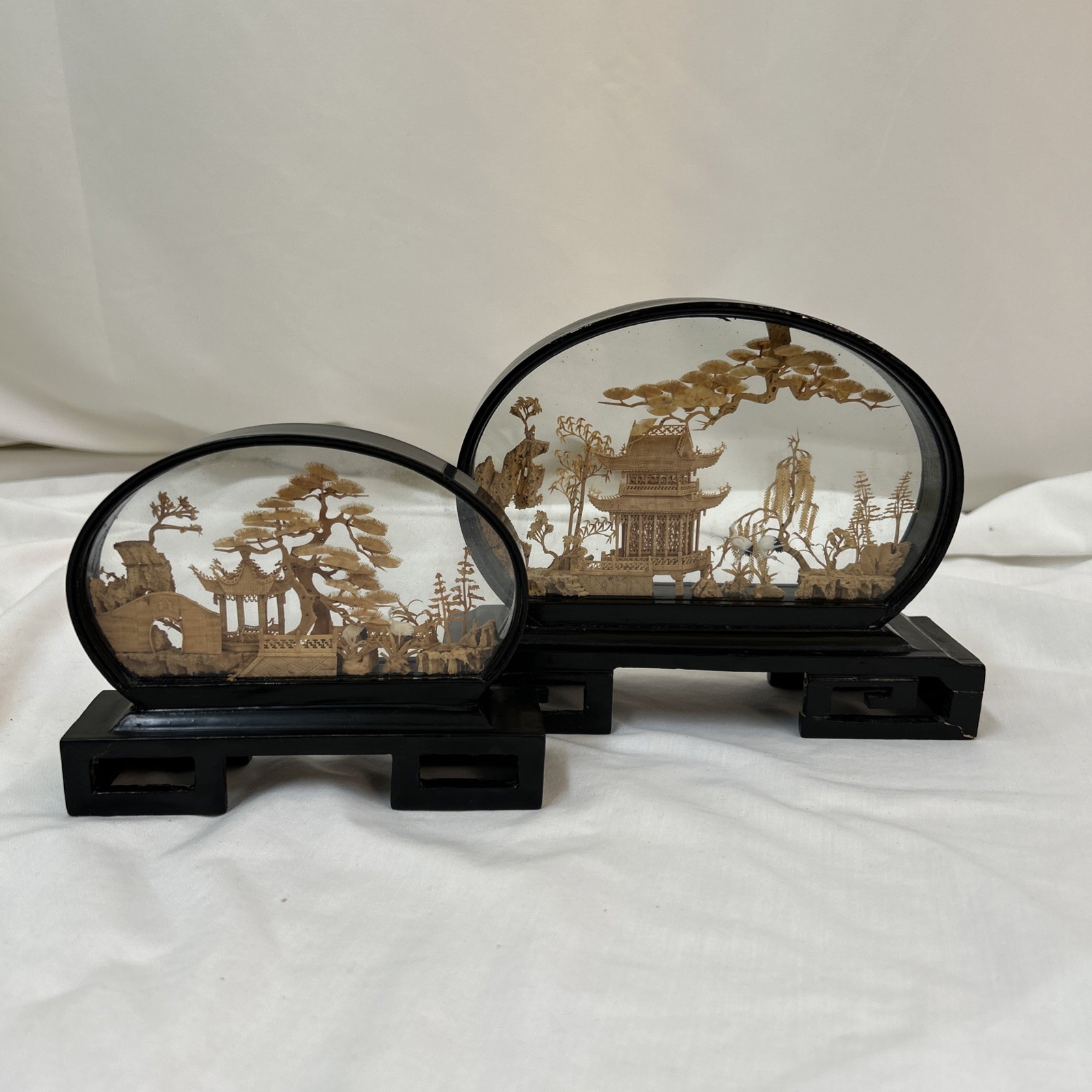 Set Of Vtg Oval Chinese Cork Art Hand Carved Diorama Pagoda Cranes Trees Cliff