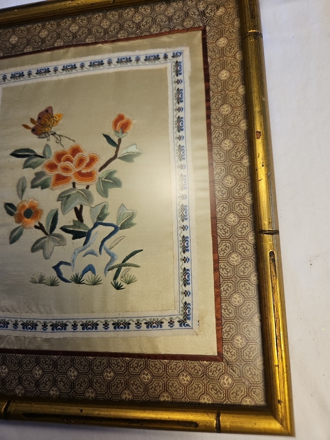 Hand Embroidered Silk Panel Flower and Pink Peach Butterfly ~ Framed Bamboo Like
