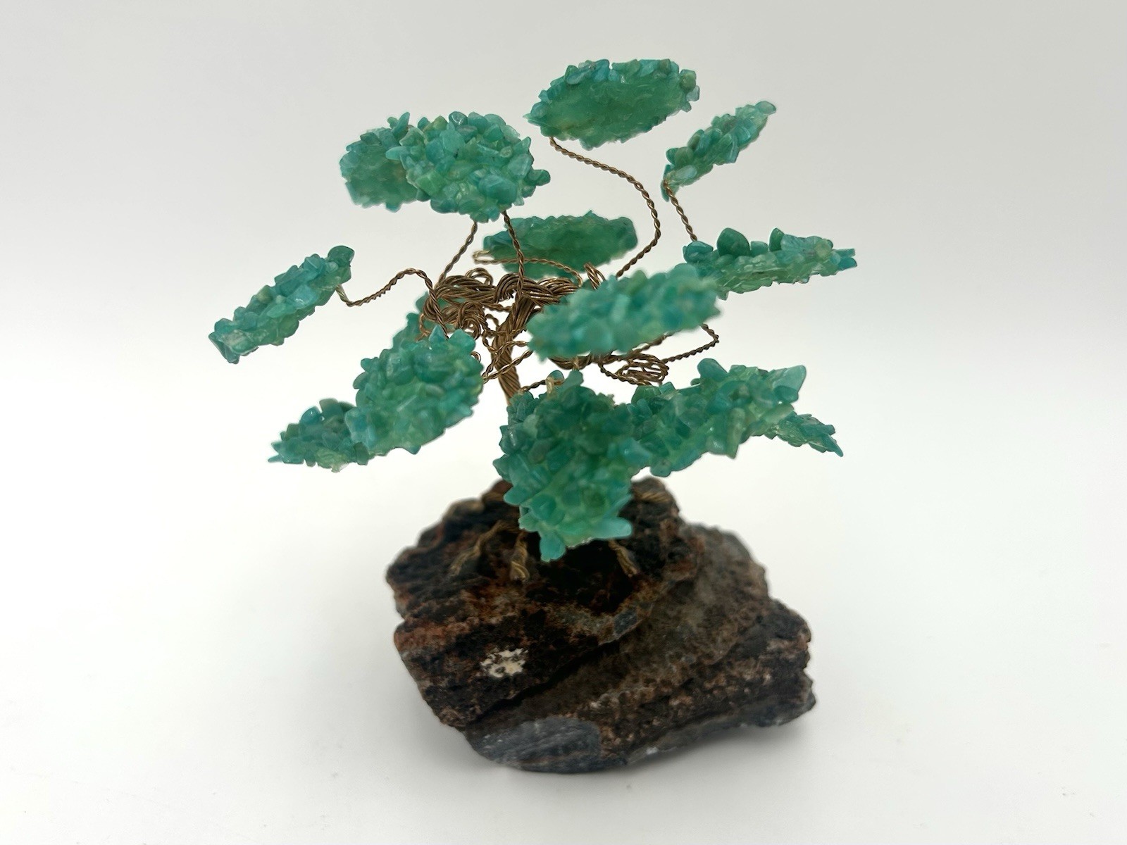 Vintage Crystal Bonsai Tree Sculpture Copper Wire on Natural Stone Base.