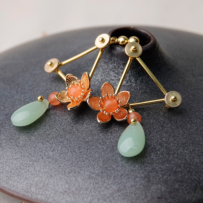 Chinese Colour Stone/Coloured Glaze/Gild Tibetan Style Vogue Earbob Earrings