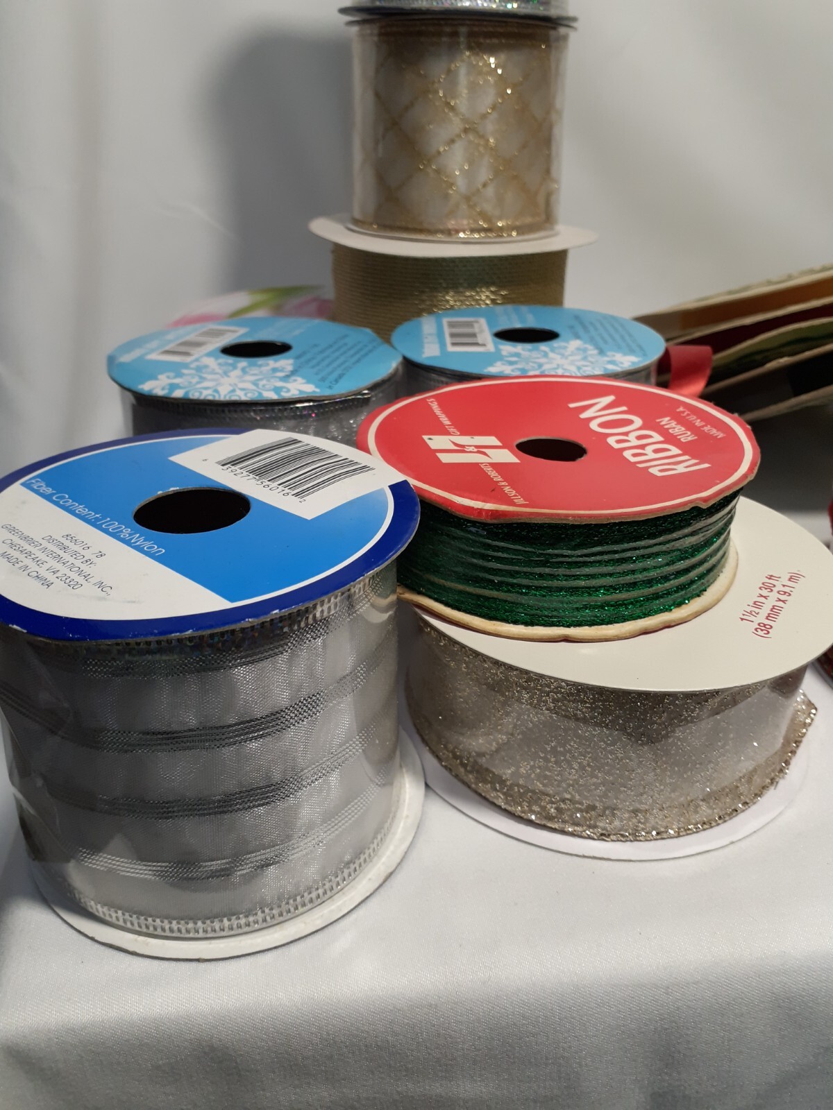 14 Rolls of Christmas Ribbon, Brand & Size Varies, Velvet, Wired, Gold, Silver