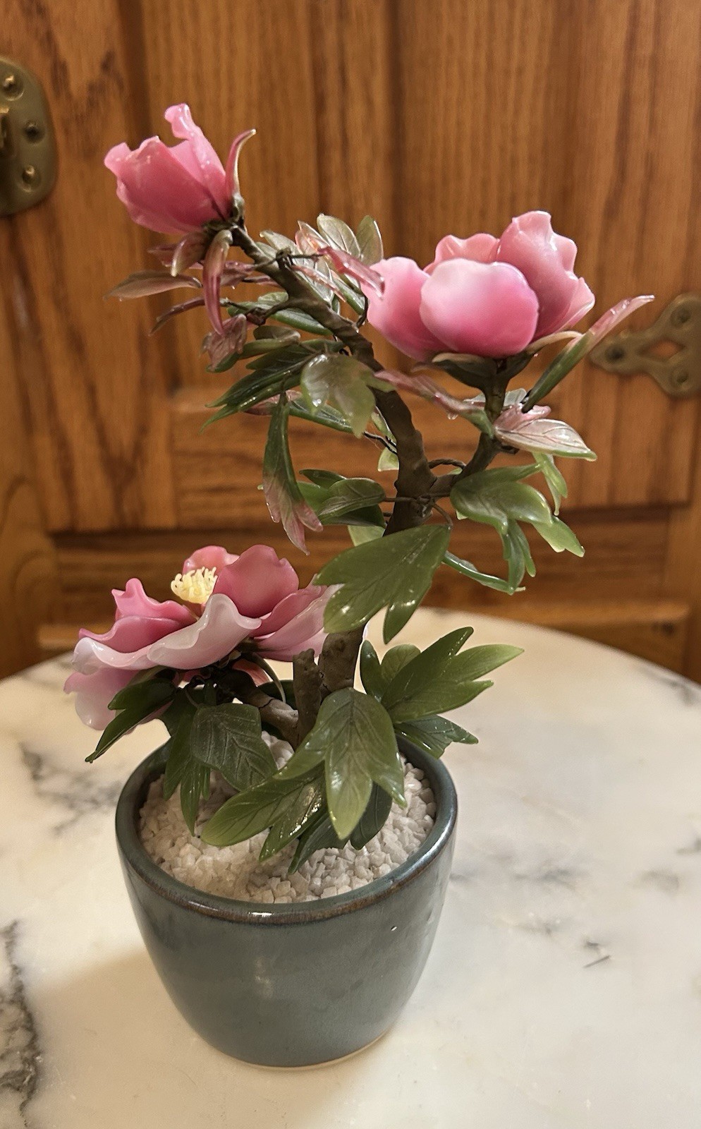 Vintage Chinese Jade Glass Leaves Pink Peony Flowers Bonsai Tree Green Celadon