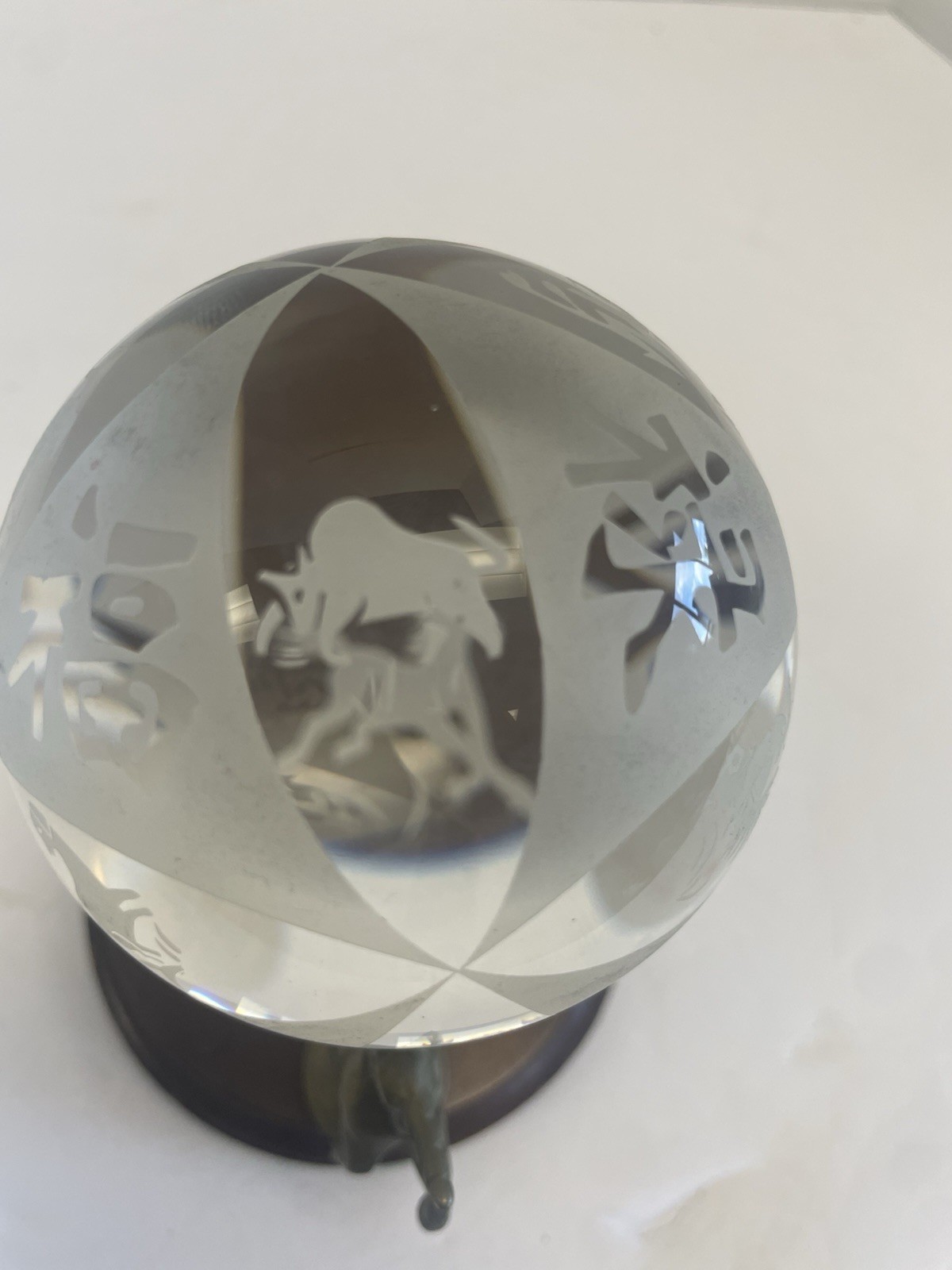 Chinese Zodiac New Year Etched Crystal Ball W Vintage Brass Unicorn Stand