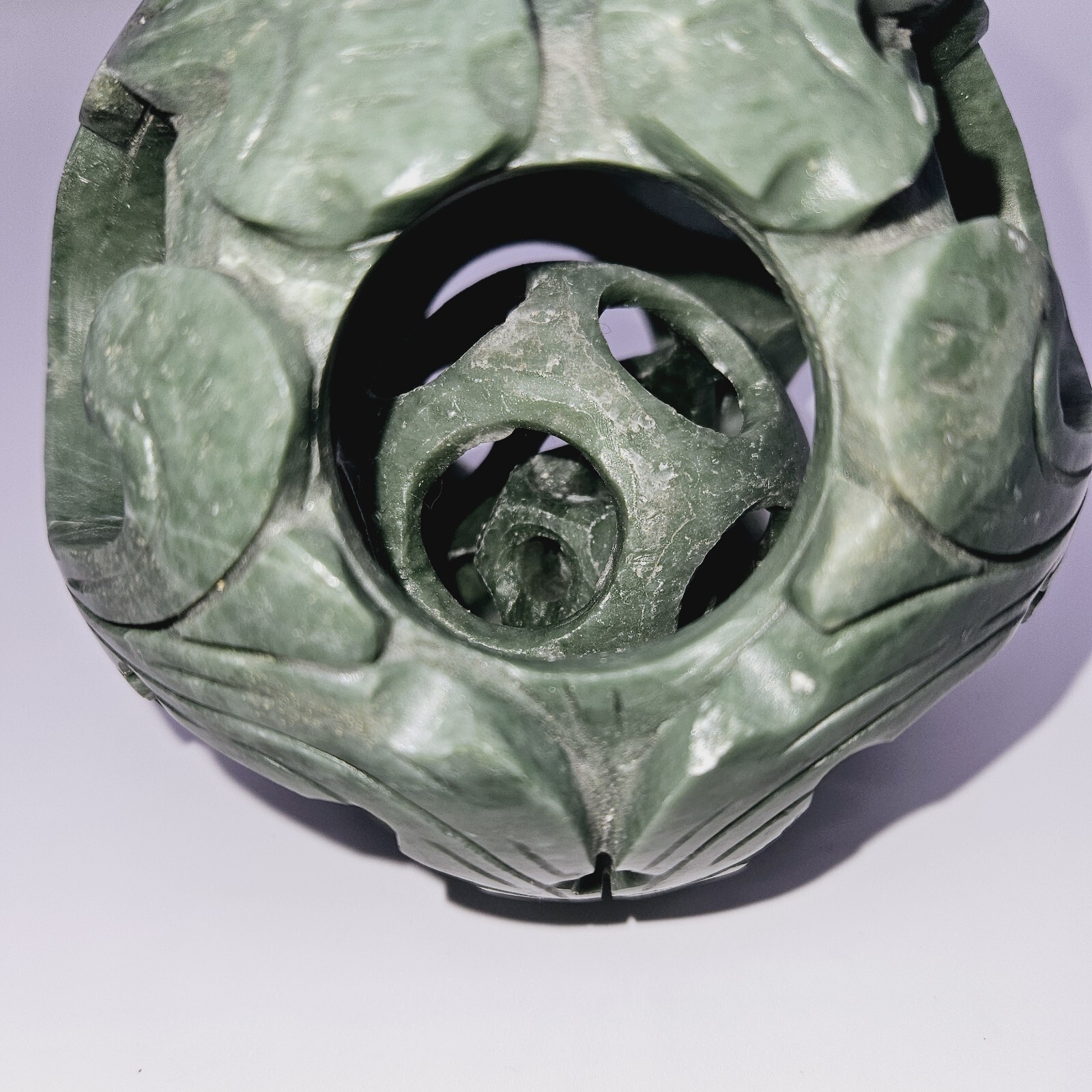 Vtg Chinese 3-Layer Hand Carved Green Stone Serpentine? Ball Sphere 4.5″ Floral